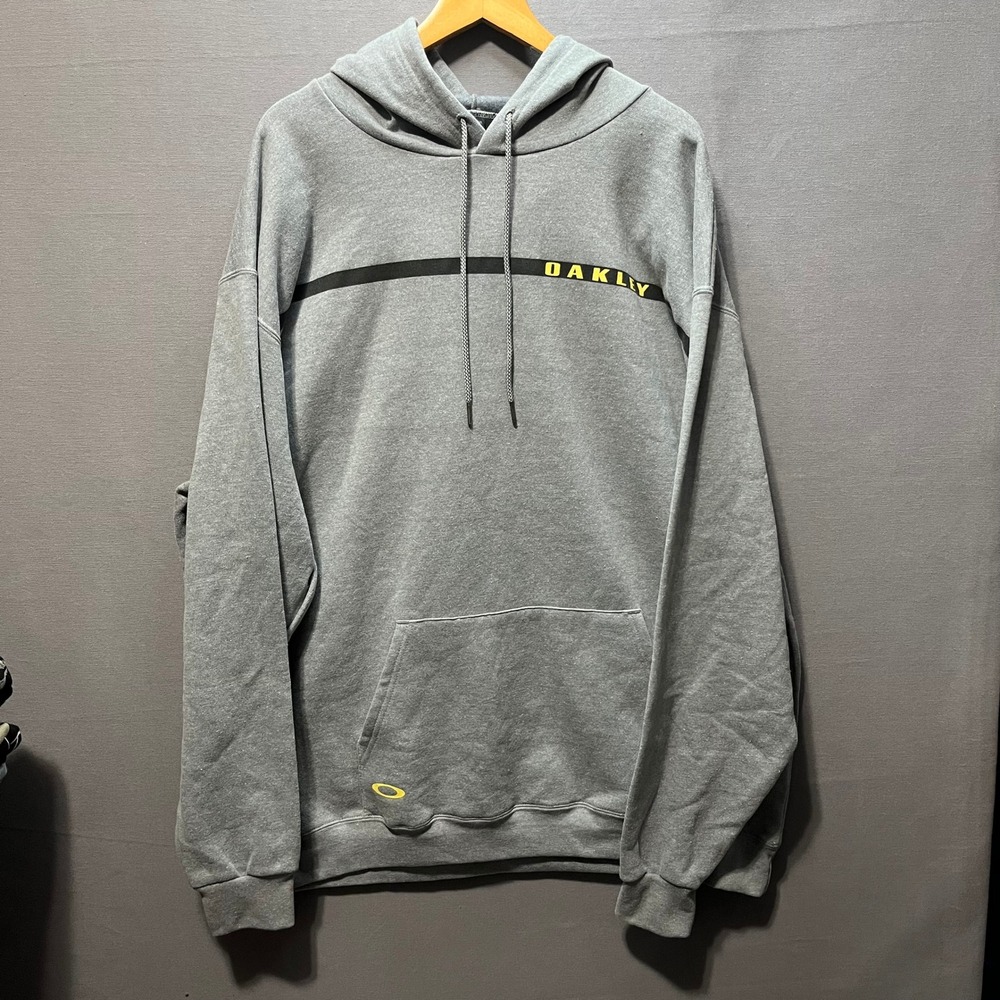 Oakley Mens XXL Grey Custom Fit Hoodie Black Stripe Yellow Logo Pullover